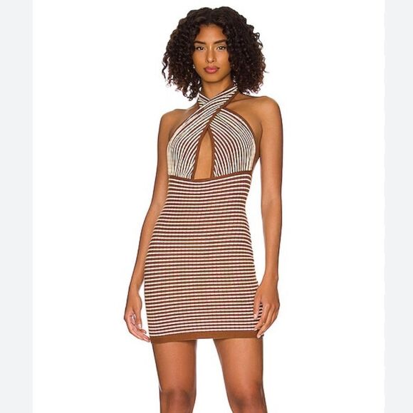 Callahan Mimi Knit Mini Dress stripes cross cross halter sold out Revolve M NWT - Picture 1 of 9